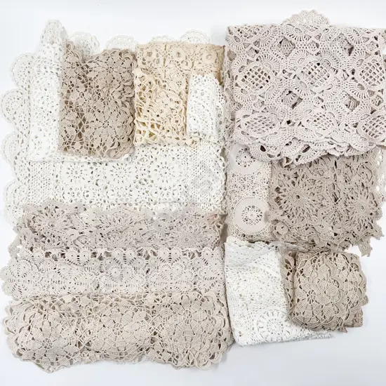 Collection of Vintage Mainly Crocheted Cotton Table Covers & Doilies