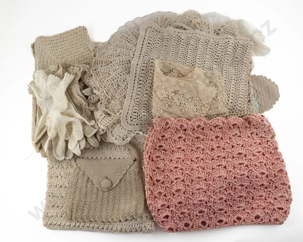 Collection of Vintage Mainly Crocheted Cotton Table Covers & Doilies Handbags & Gloves Image 1++