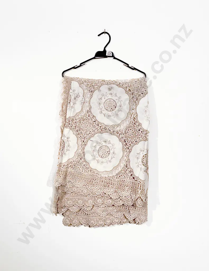 Two Mid C20th Hong Kong Machine Embroidered Cotton & Crocheted Table Covers Image 1++