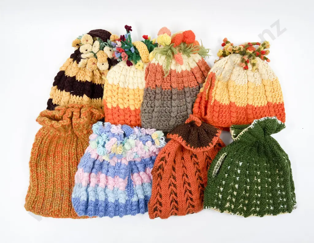 Eight Various Vintage Knitted & Crocheted Tea Cosies Image 1++
