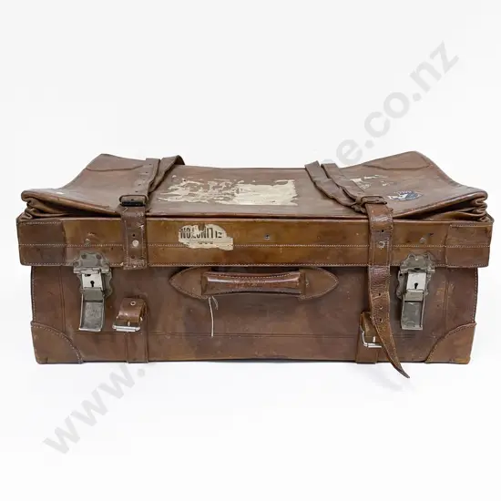 Early C20th Heavy Leather Steam Liner Cabin Suitcase