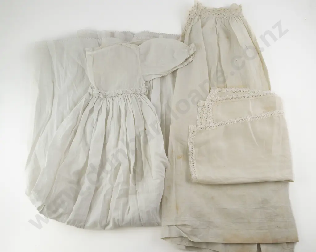 Victorian Fine Cotton Cot Gown Childs Pinafore & Silk Matinee Jacket Image 1++