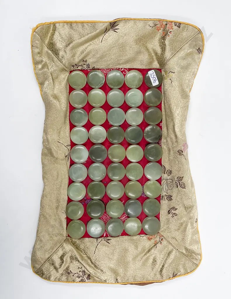 Chinese Satin Panel with Applied Jade Discs Image 1++