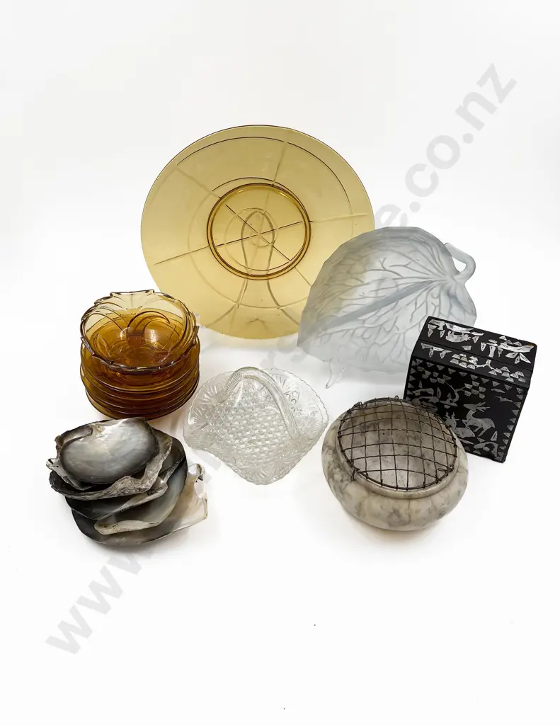 Box of Assorted Including Amber Glass and MOP Box etc Image 1++