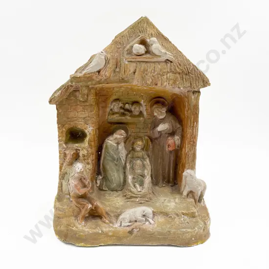Plastered Nativity Scene Together with Ceramic Religious Figure