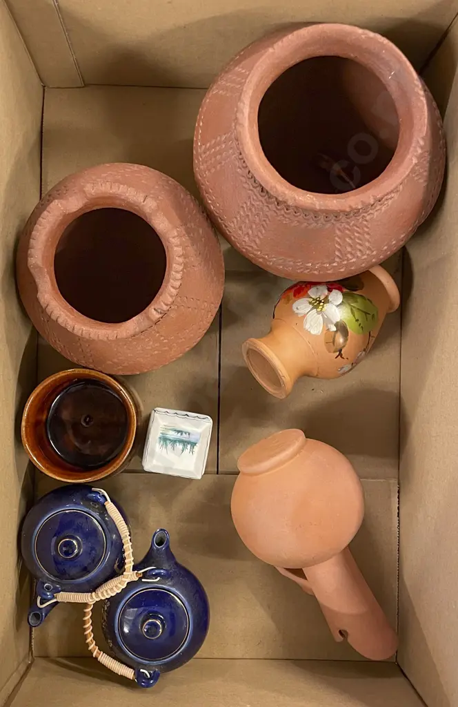 Small Box of Assorted Including Terracotta Vases and Vintage Inkwell etc Image 1++