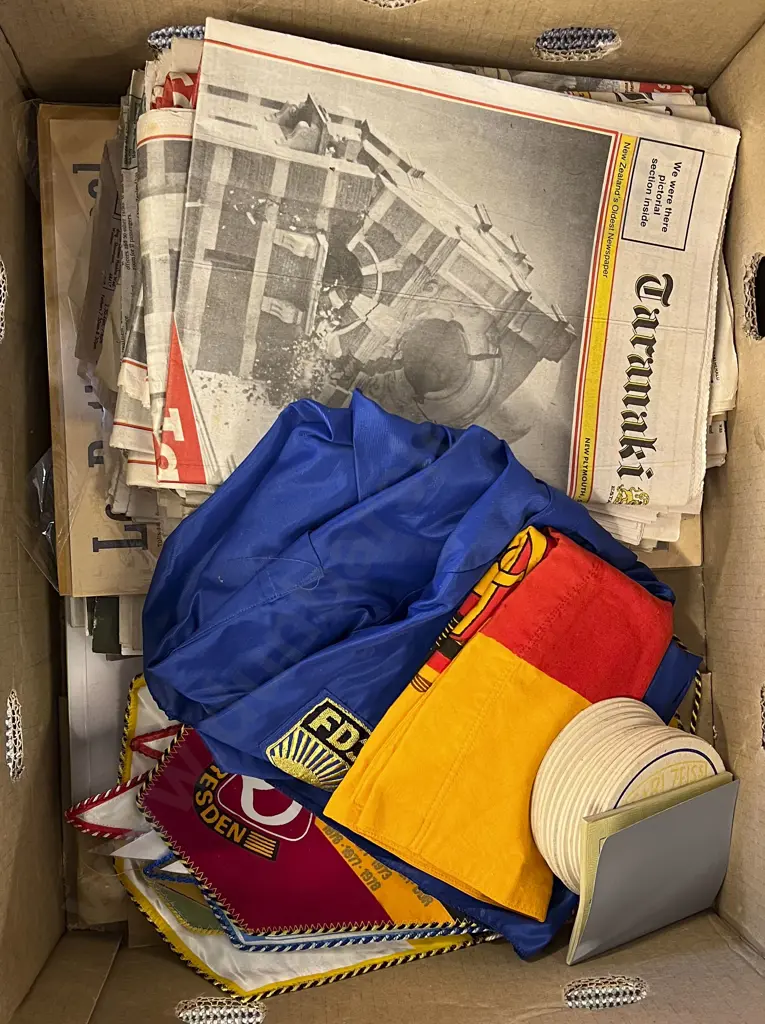 Box of Assorted Vintage Including Newspapers and Flags etc Image 1++