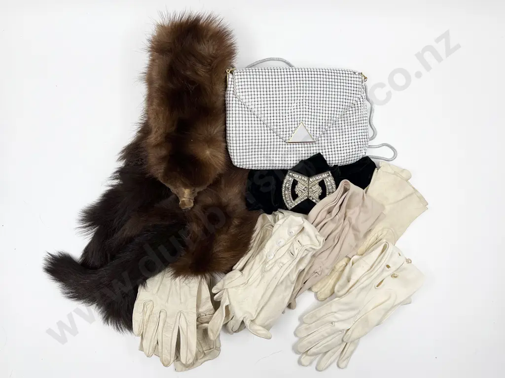 Small Box Including Gloves and Fox Fur Shawl etc Image 1++