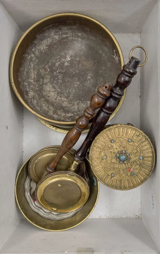 Small Box of Metalware Including Miniature Bed Warmers Image 1++