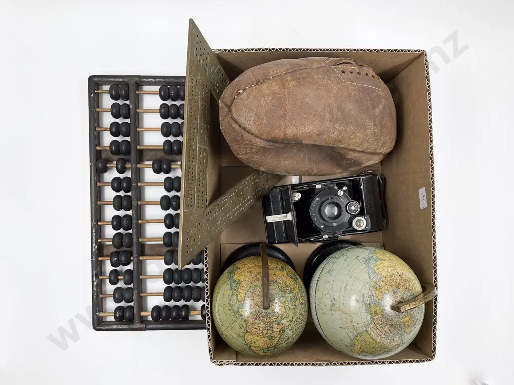 Box of Assorted Vintage Including Abacus and Two Desk Globes Image 1++