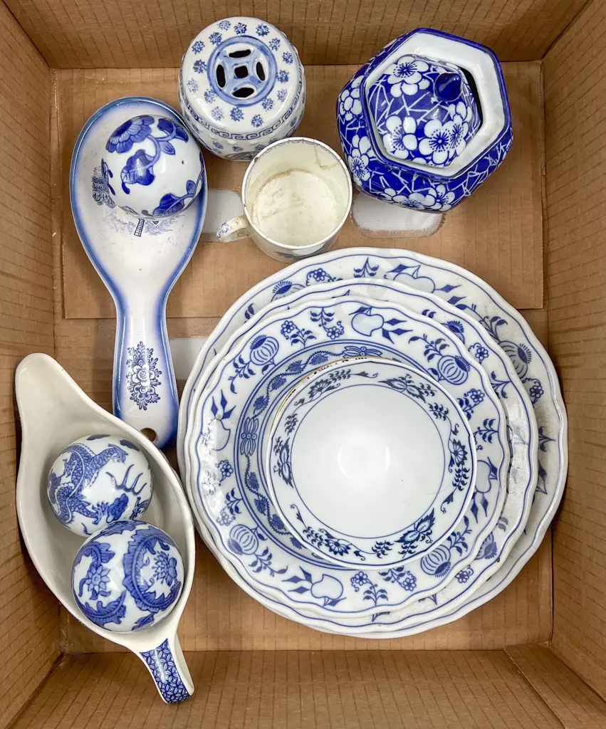 Box of Assorted Blue and White China Image 1++