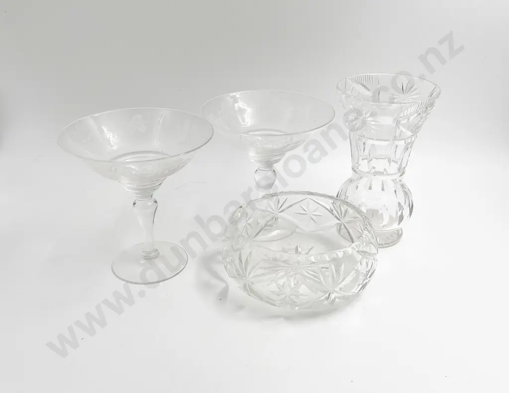 Pair of Stuart Crystal Compotes Together with Crystal Vase and Bowl Image 1++