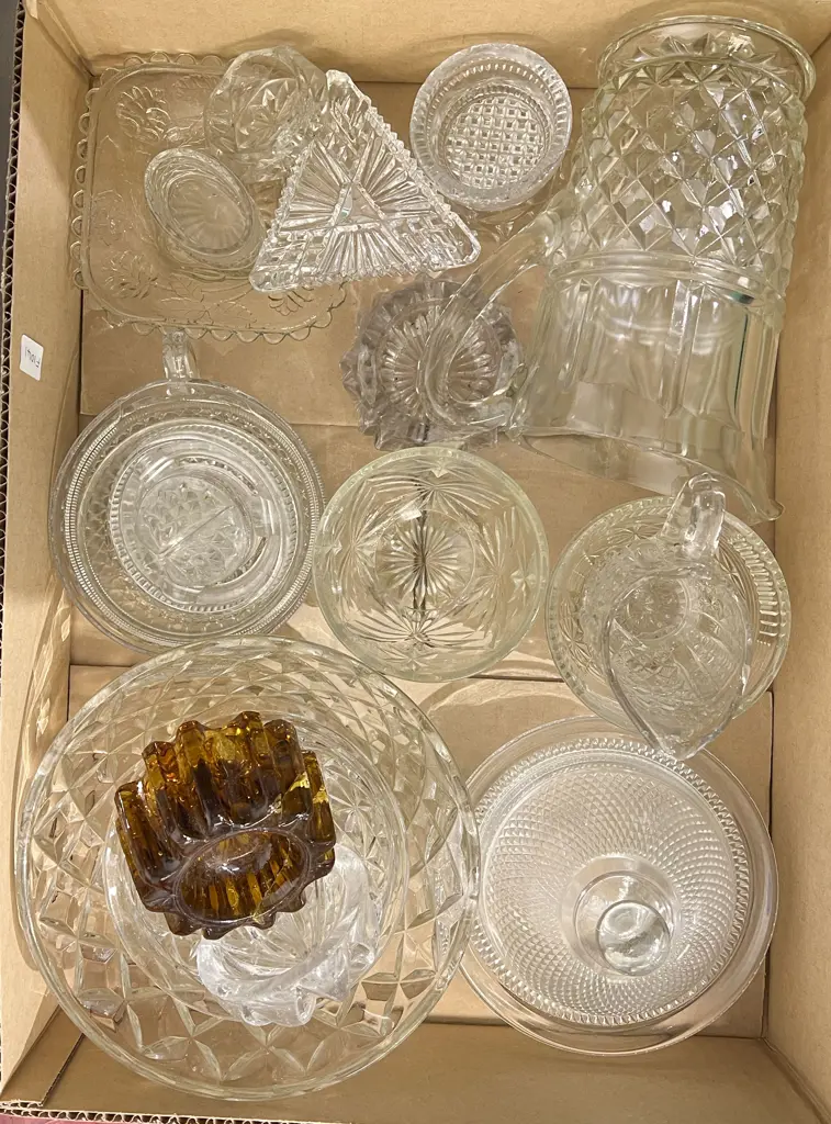 Box of Assorted Crystal and Pressed Glassware Including Lemon Squeeze Image 1++
