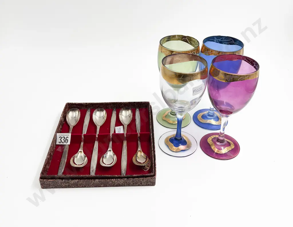 Four French Coloured Glass Goblets Together with Boxed Spoon Set Image 1++