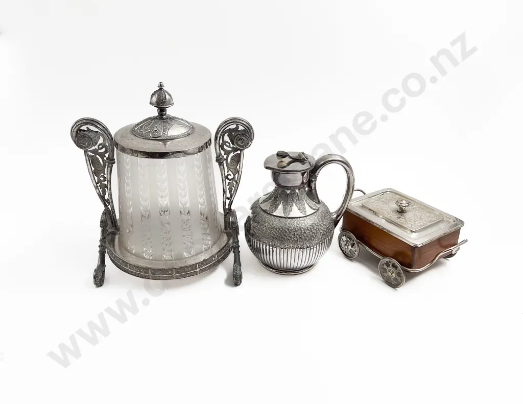 S/Plate Biscuit Barrel with Novelty Cigarette Cart and Water Jug Image 1++