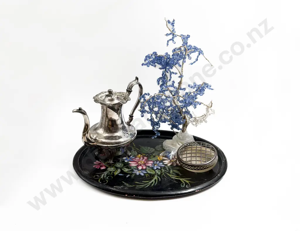 Quantity of Assorted Including Crystal Bead Tree with Ornate S/P Tea Pot on Hand Painted Tray Image 1++