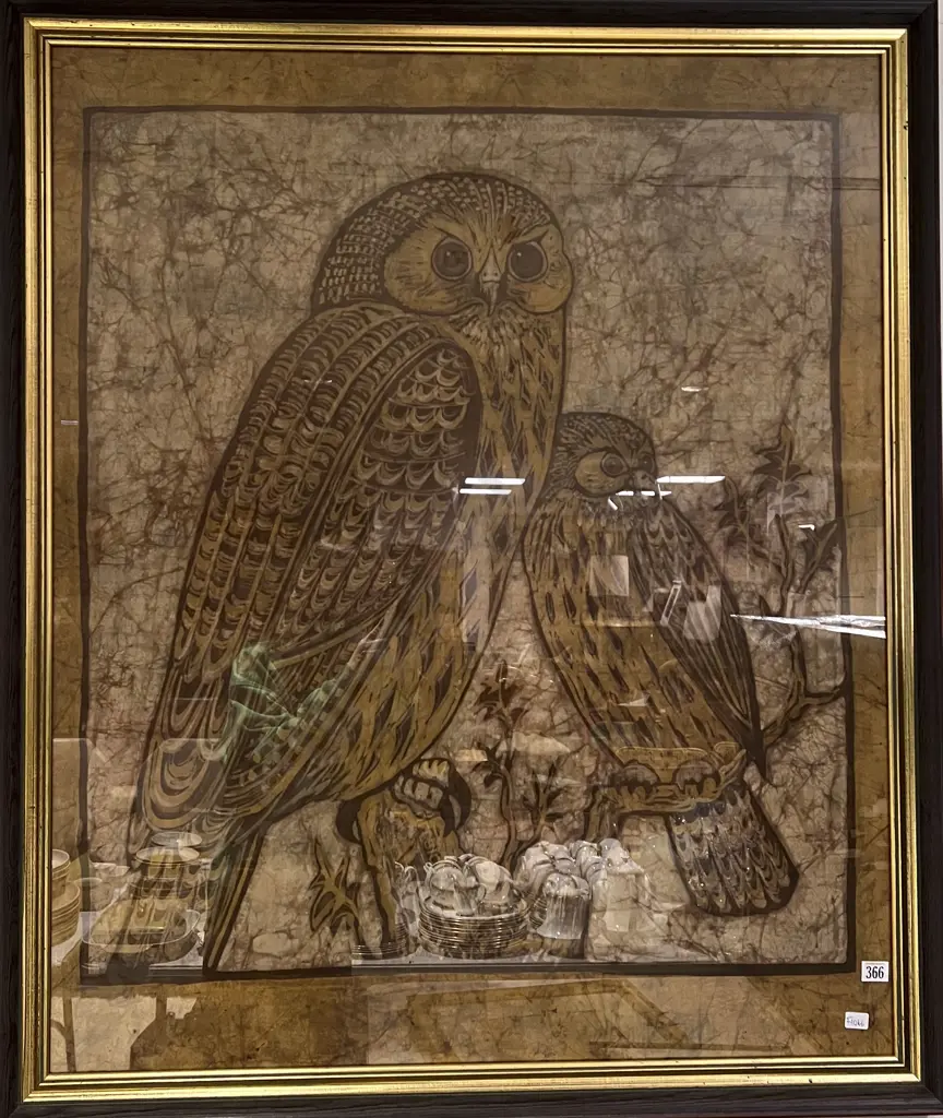 Large Framed Batik Work of Framed Owls Image 1++