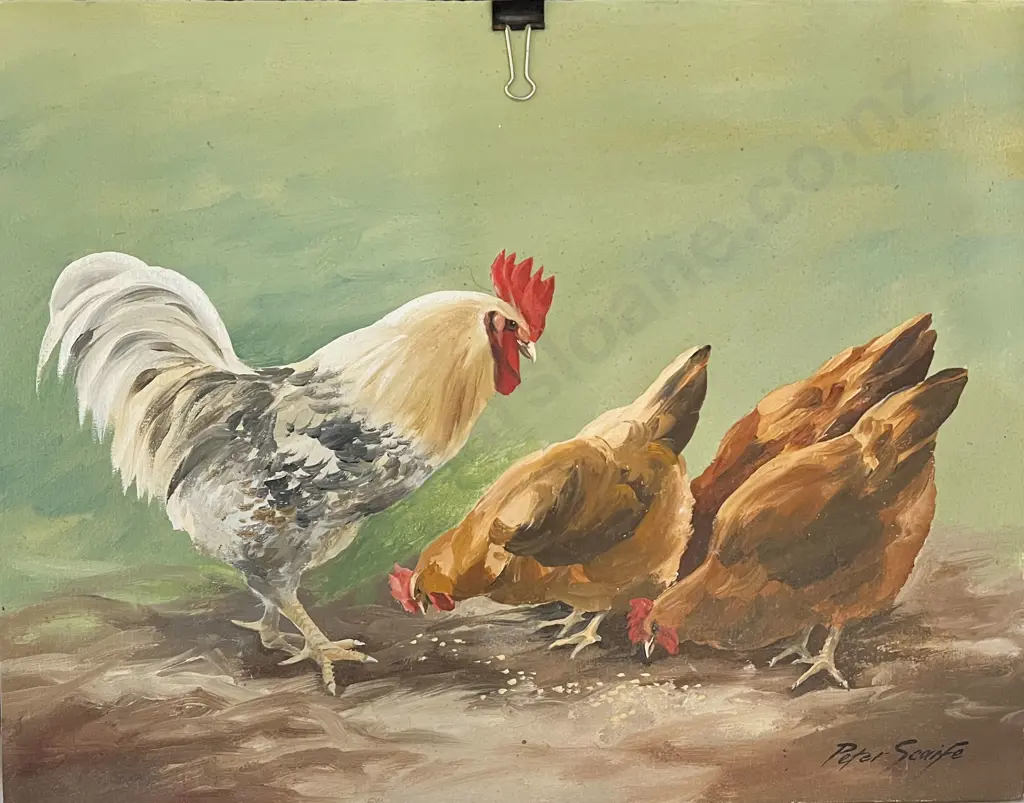 Peter Scife - Rooster and Chicken Study - Unframed Oil on Board Image 1++