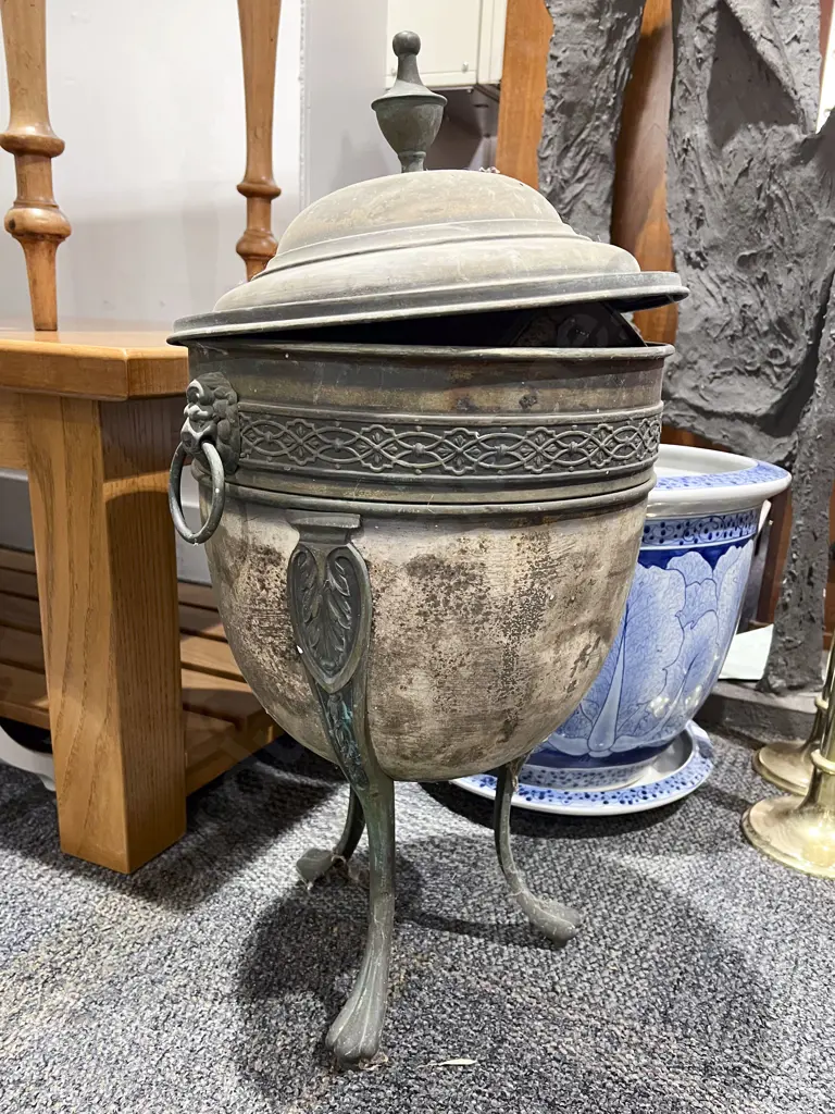Brass Lidded Footed Neo Classical Coal Bin with Two Small Planters Image 1++