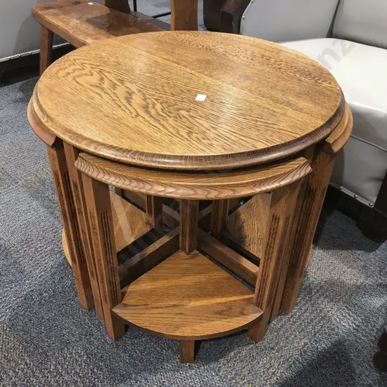 Circular Oak Coffee Table with Four Nesting Side Tables