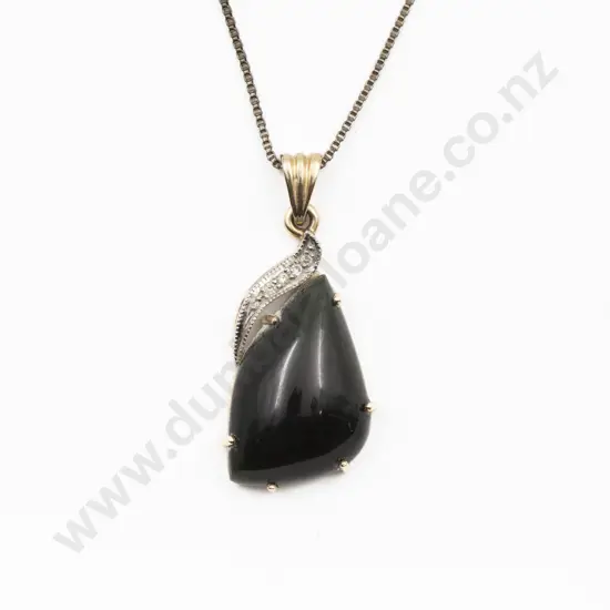 14ct Pear Drop Greenstone and Diamond Panel Pendant