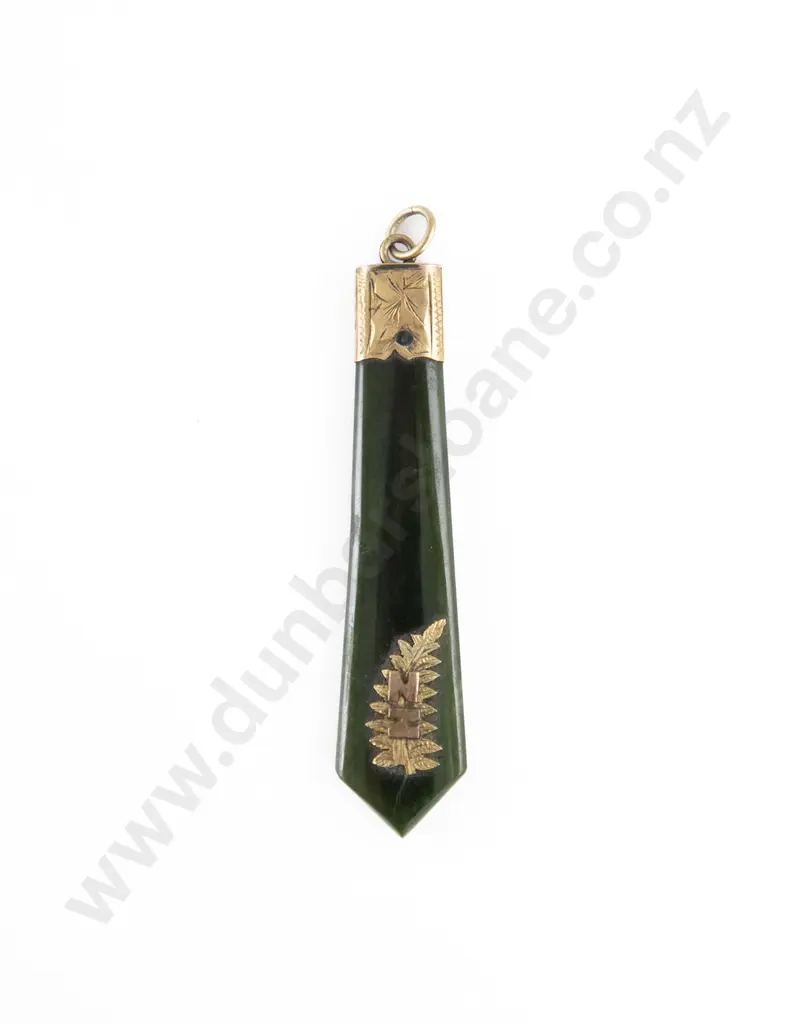 NZ 9ct Mounted Greenstone Fob Pendant Image 1++