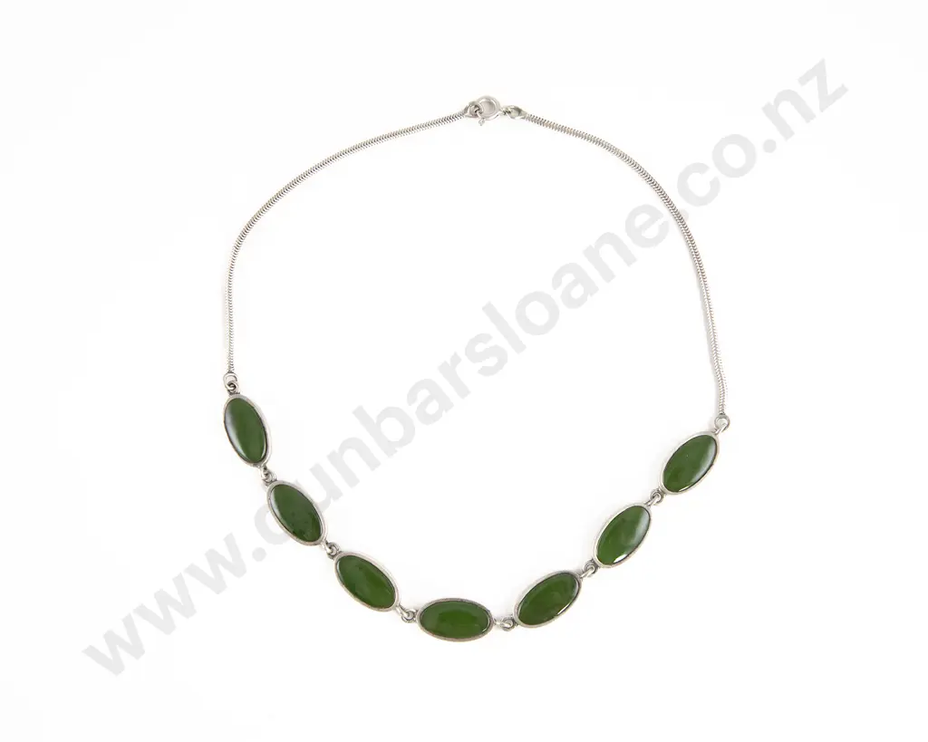 NZ Sterling Silver Seven Greenstone Panel Necklet Image 1++