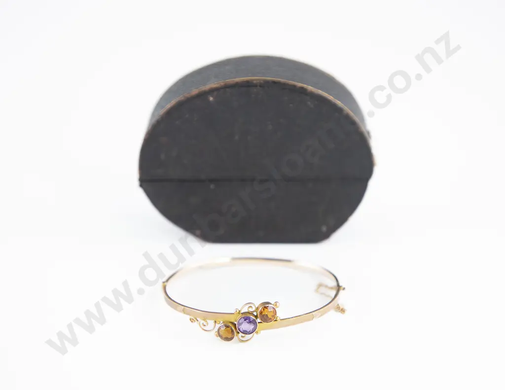 NZ Colonial 9ct Three Gem Hinged Snap Bangle Image 1++