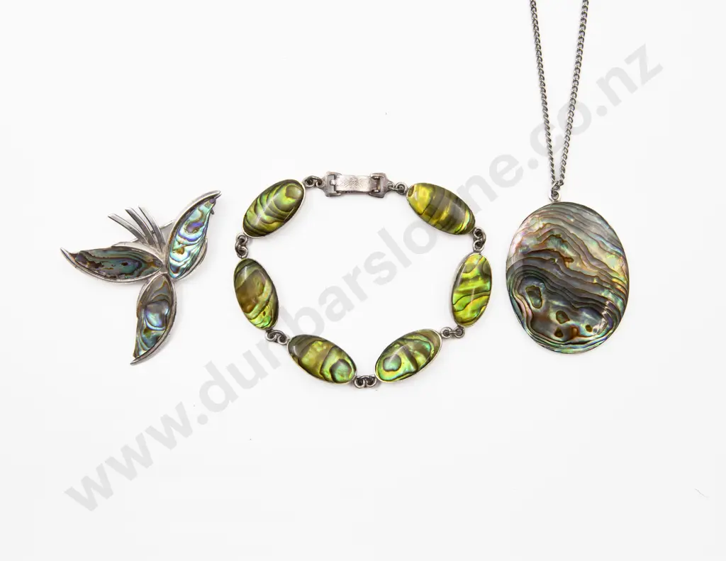 S/S and Paua Bracelet with Leaf Spray Brooch and Two Pendants Image 1++