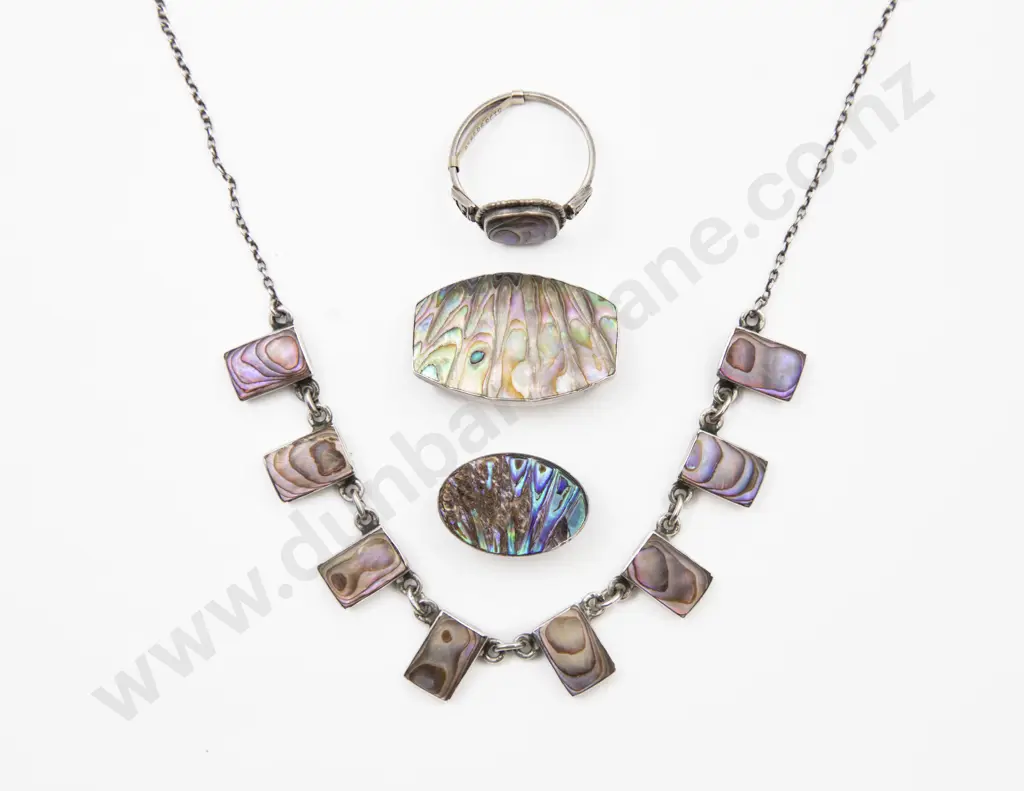 S/S and Paua Necklet Two Brooches and Ring Image 1++