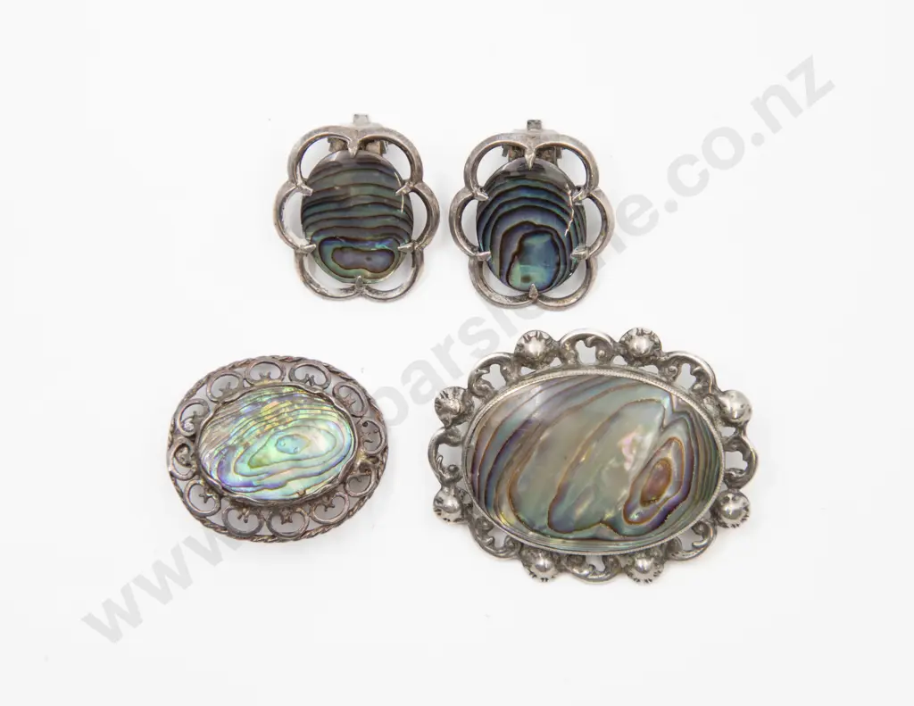 Two NZ S/S and Paua Brooches with Pair Earrings Image 1++