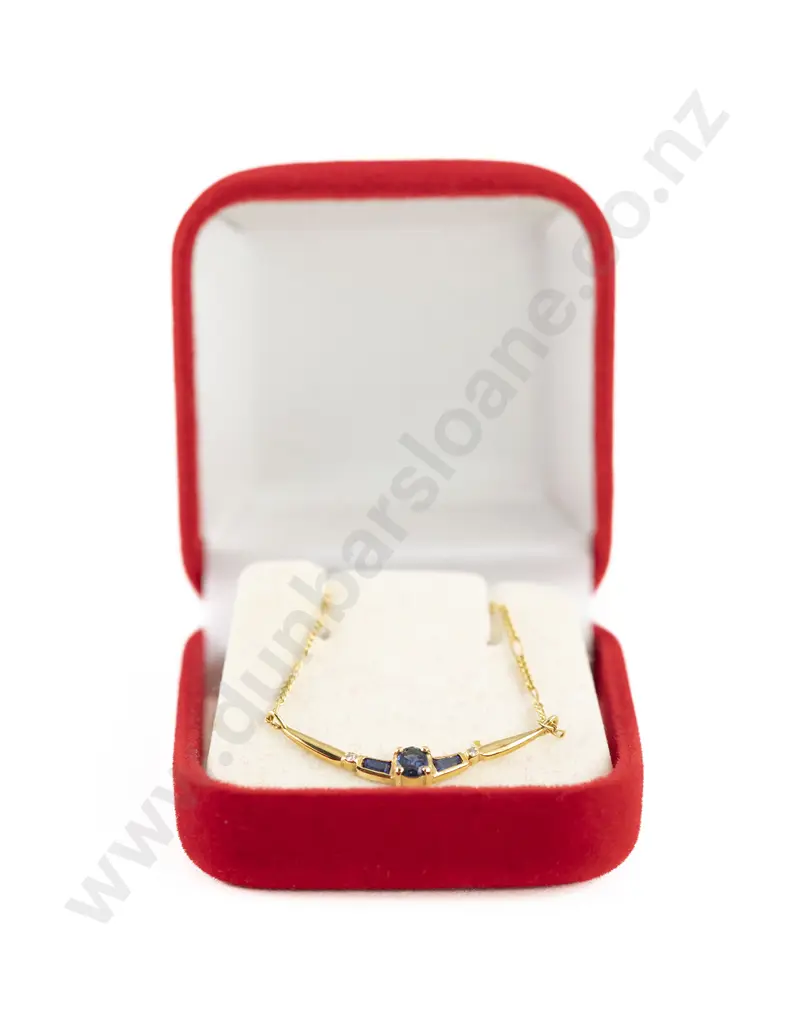 18ct Five Stone Sapphire and Diamond Crescent Pendant on Chain Image 1++