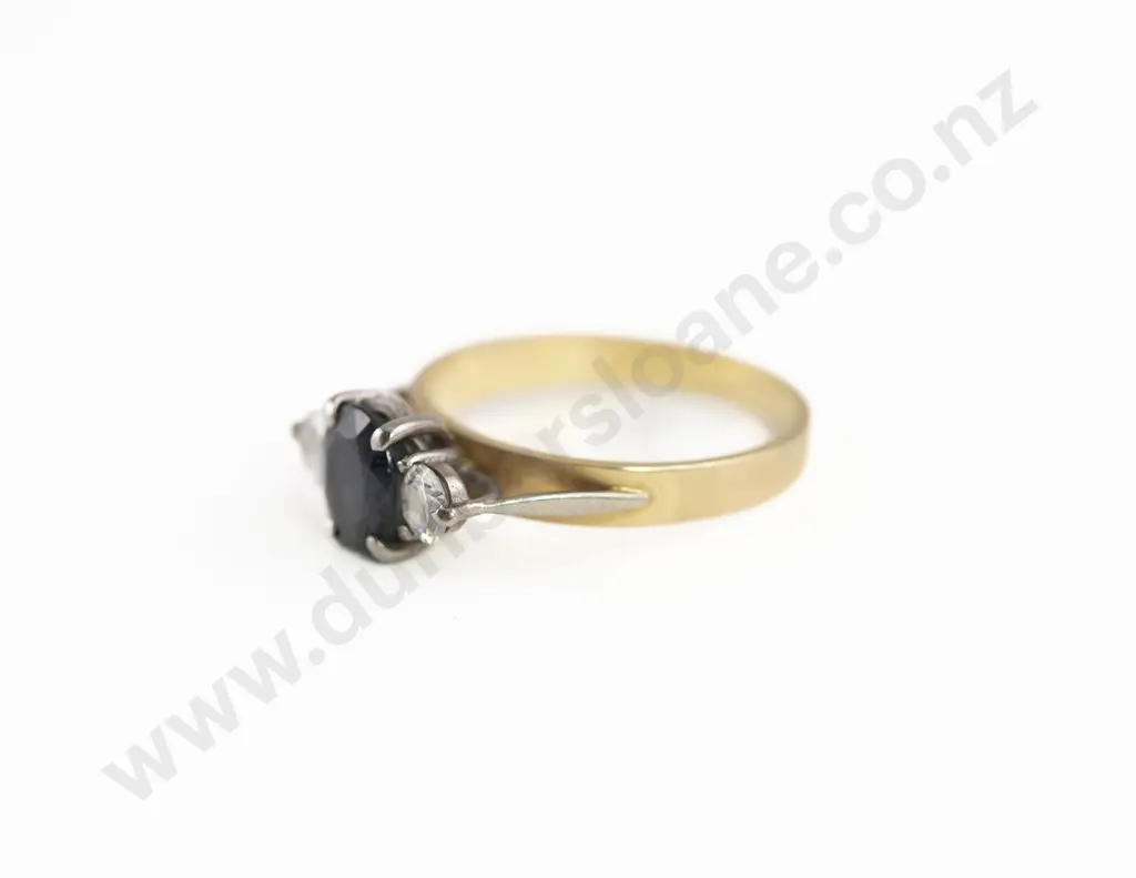 18ct & Palladium Three Stone Sapphire and Diamond Bridge Ring Image 1++