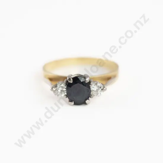 18ct & Palladium Three Stone Sapphire and Diamond Bridge Ring
