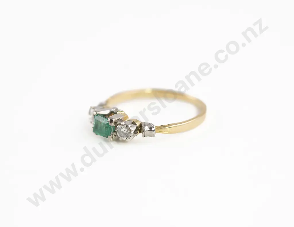 18ct & Platinum Three Stone Emerald & Diamond Bridge Ring Image 1++