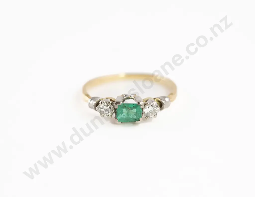 18ct & Platinum Three Stone Emerald & Diamond Bridge Ring Image 1++
