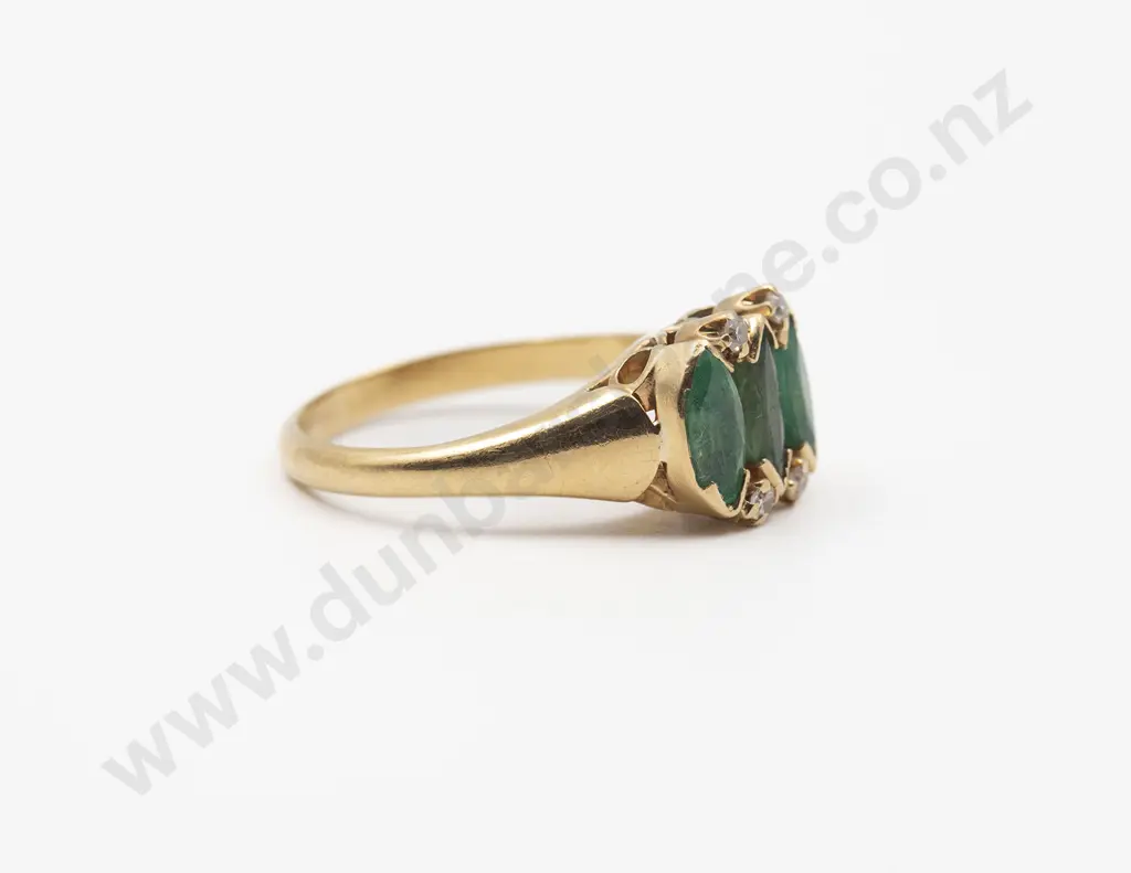 18ct Three Stone Emerald and Diamond Bridge Ring Image 1++
