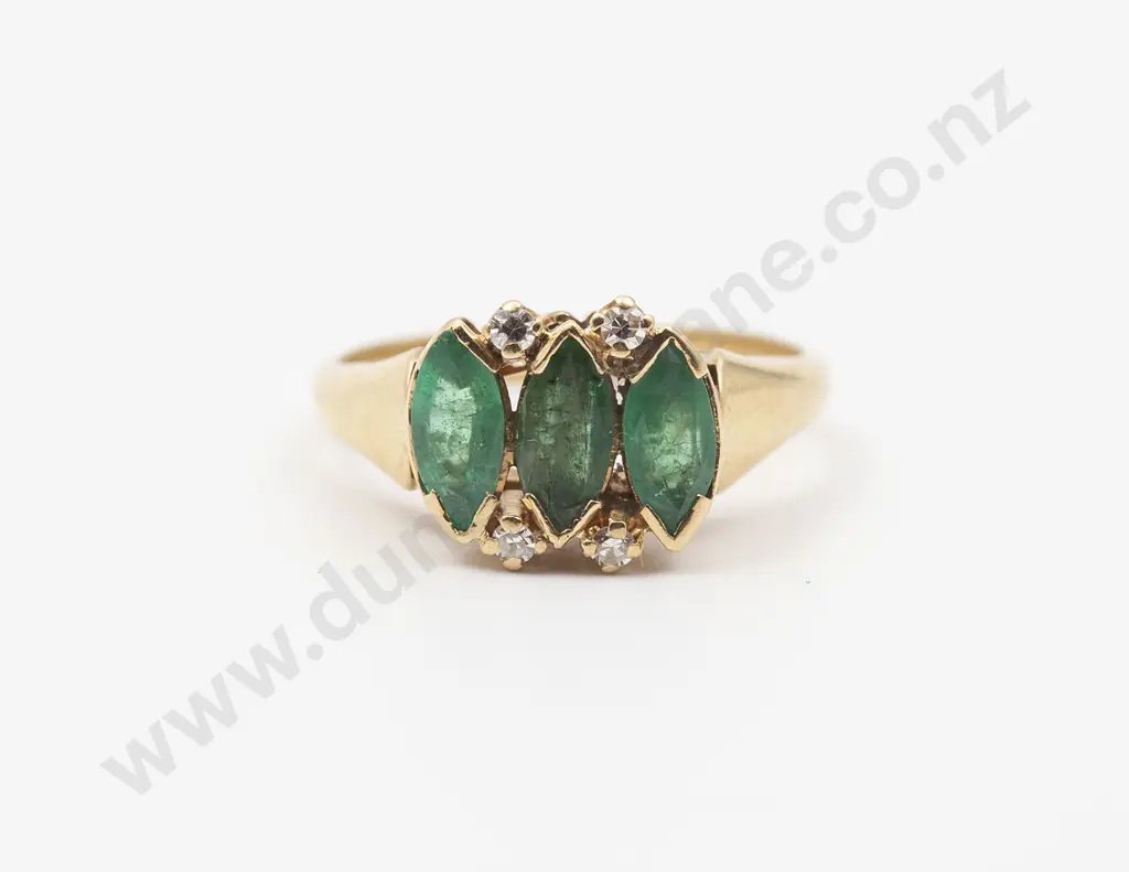 18ct Three Stone Emerald and Diamond Bridge Ring Image 1++