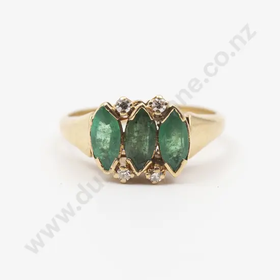 18ct Three Stone Emerald and Diamond Bridge Ring