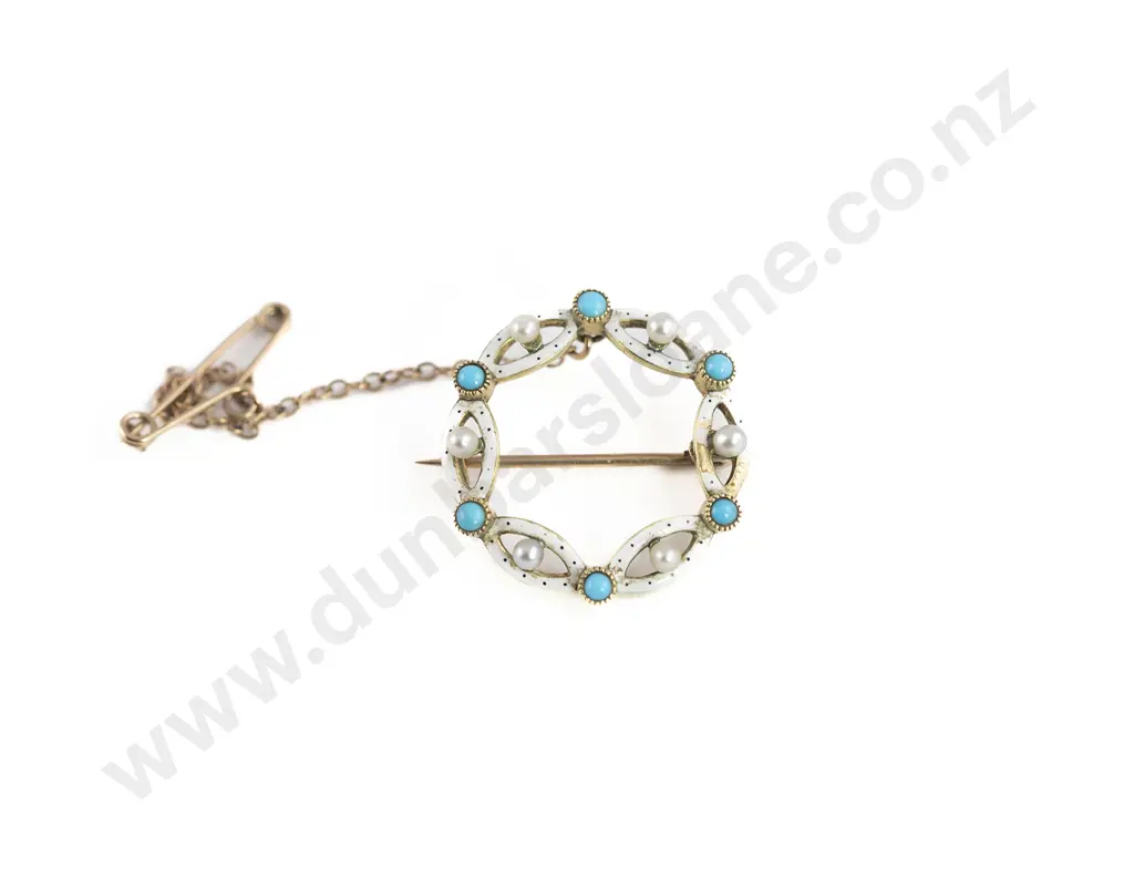 Edwardian 15ct Enamel Pearl and Turquoise Circlet Brooch Image 1++