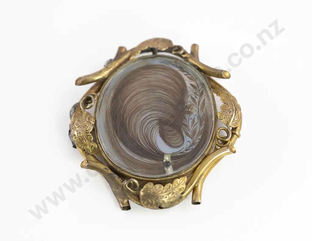 Large Early Victorian Gold Plate Framed Hair Memorial Brooch Image 1++