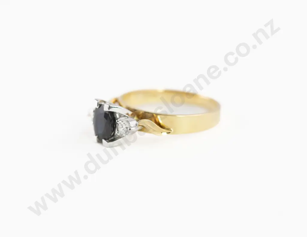 18ct Three Stone Sapphire and Diamond Bridge Ring Image 1++