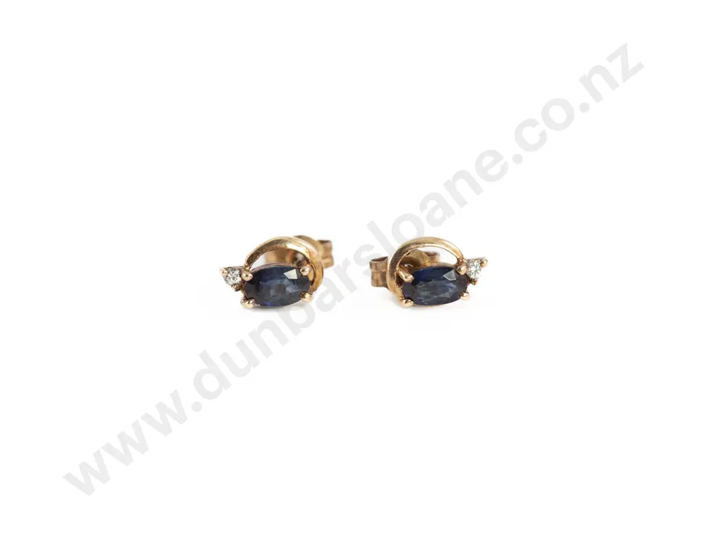 Pair 9ct SIngle Sapphire and Diamond Stud Earrings Image 1++