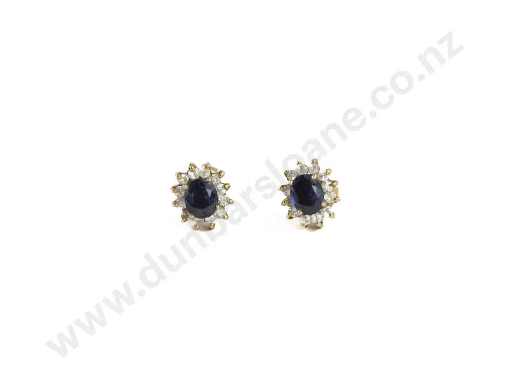 Pair 9ct Single Sapphire and Zircon Cluster Stud Earrings Image 1++