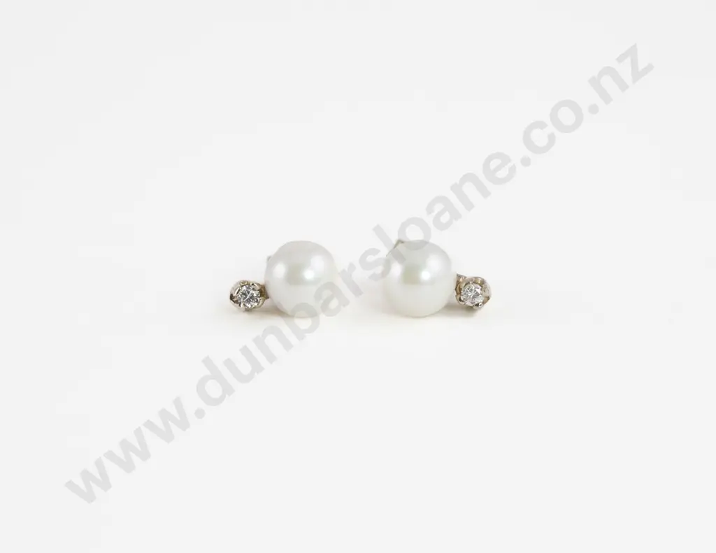 Pair 14ct White Gold Single Cultured Pearl and Diamond Stud Earrings Image 1++