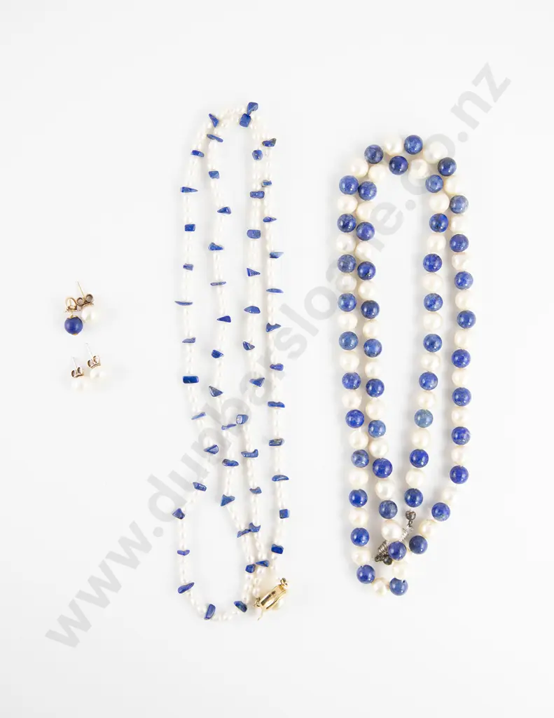 Single Strand Semi-Baroque Cultured Pearl & Lapis Necklace Image 1++