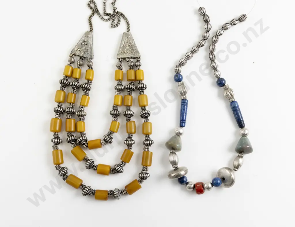 Yemen Resin Amber and Silver Metal Beaded Necklace Image 1++