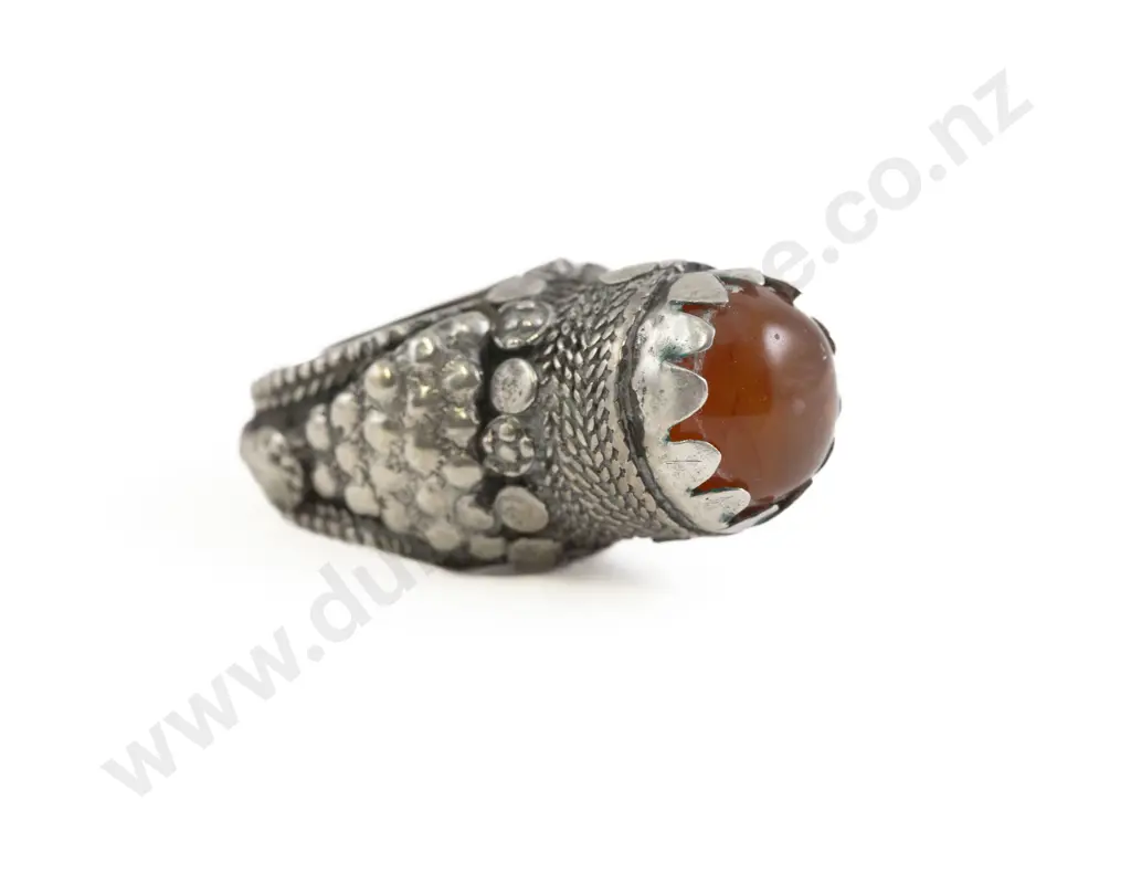 Antique Yemen Silver Metal and Carnelian 'Tower' Ring Image 1++