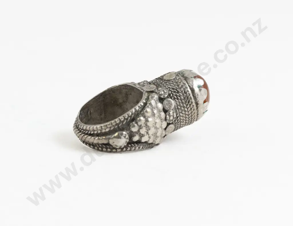 Antique Yemen Silver Metal and Carnelian 'Tower' Ring Image 1++