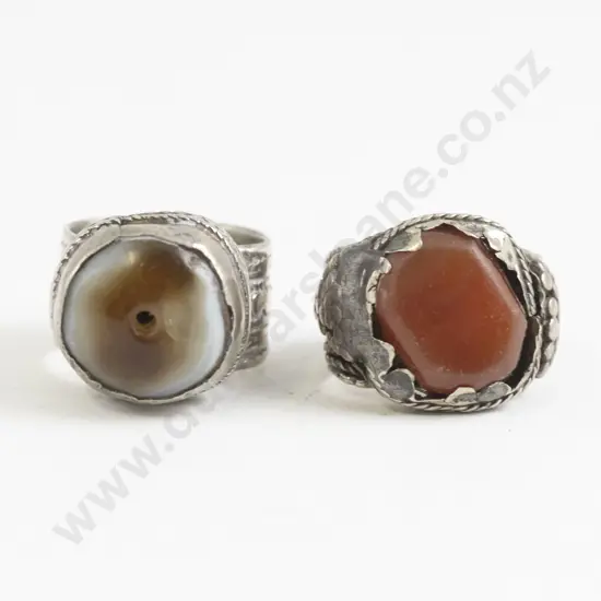 Two Vintage Yemen Silver Metal and Agate Bead Rings